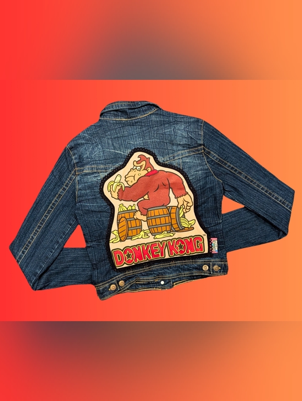 Handmade Upcycled Nintendo Donkey Kong Denim Jacket Size Small Fun Cute Gamer